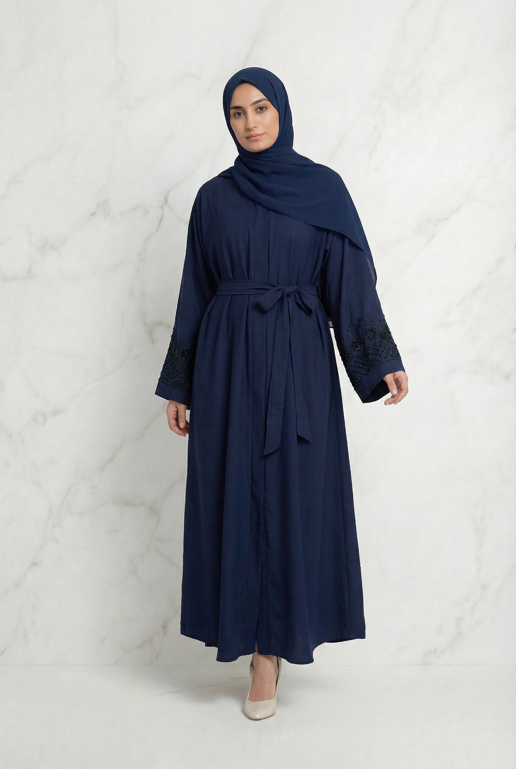 Embellished Sleeved Belted Abaya Navy Blue 613 Col 19