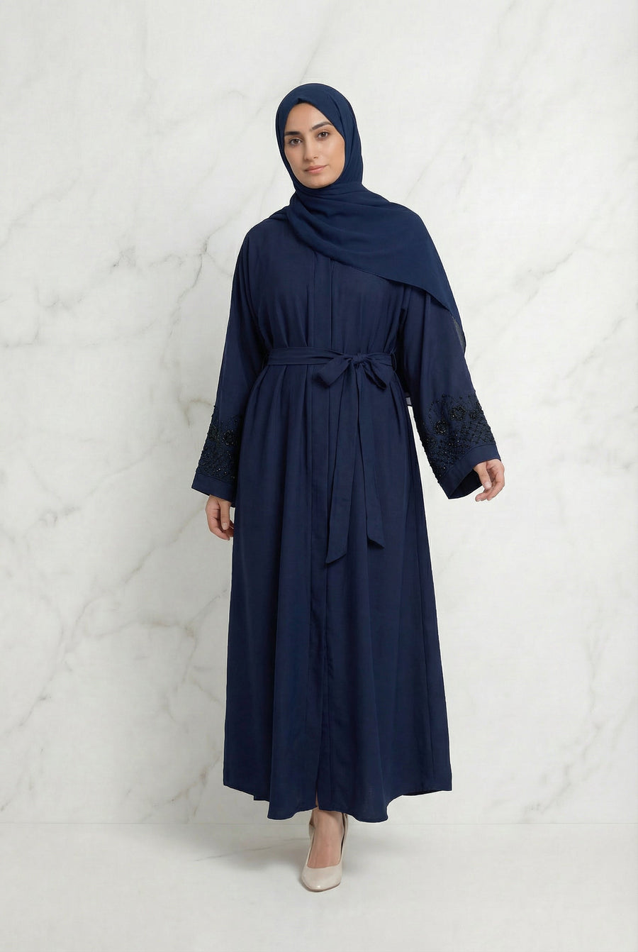 Embellished Sleeved Belted Abaya Navy Blue 613 Col 19