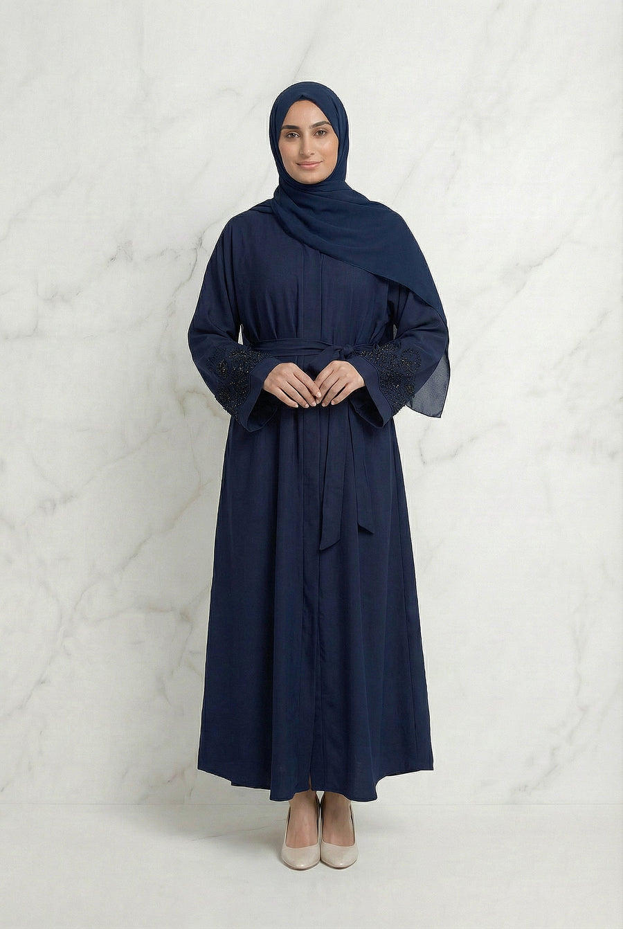 Embellished Sleeved Belted Abaya Navy Blue 613 Col 19