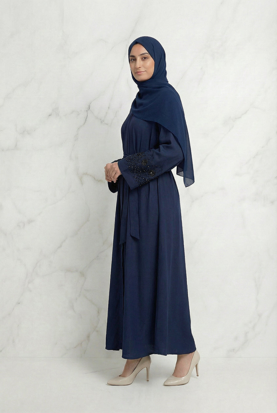 Embellished Sleeved Belted Abaya Navy Blue 613 Col 19
