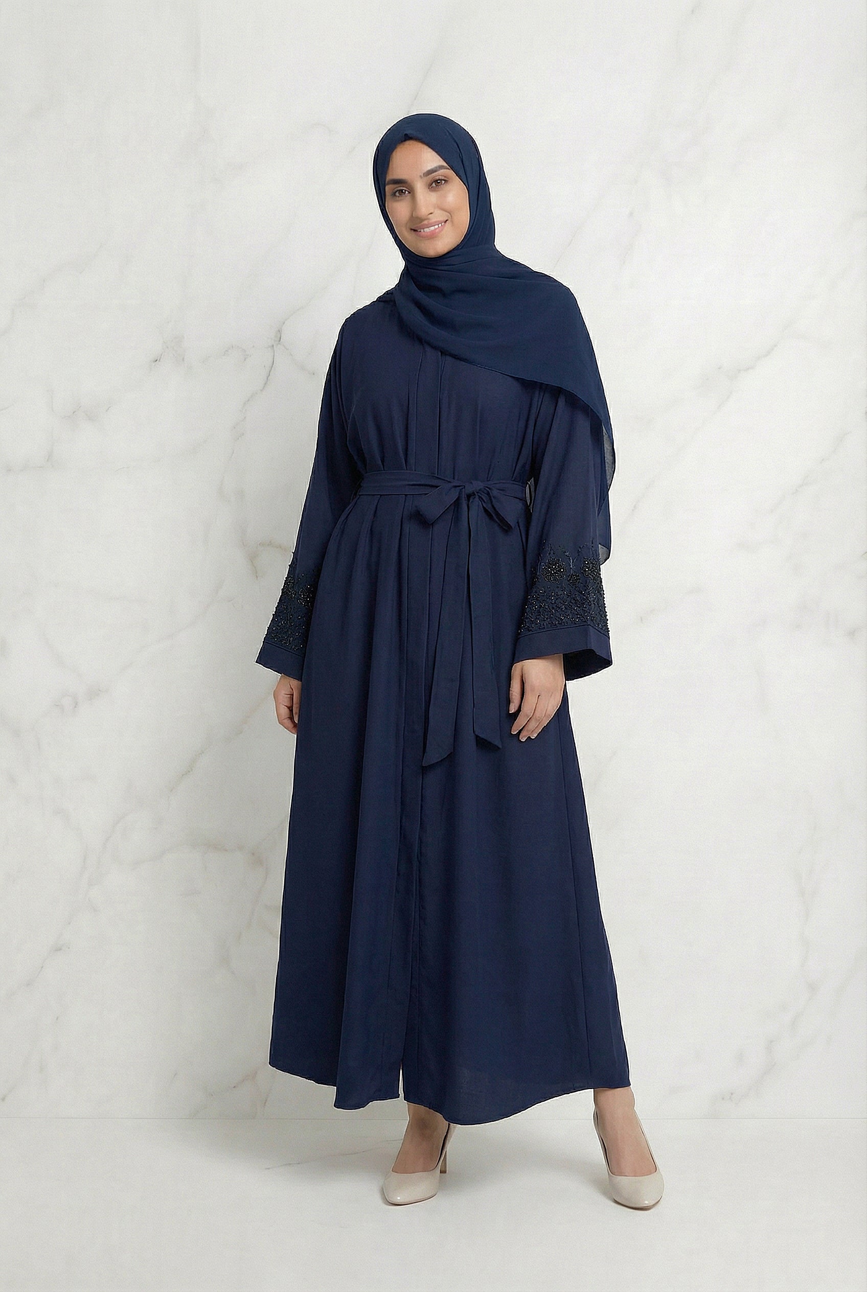Embellished Sleeved Belted Abaya Navy Blue 613 Col 19