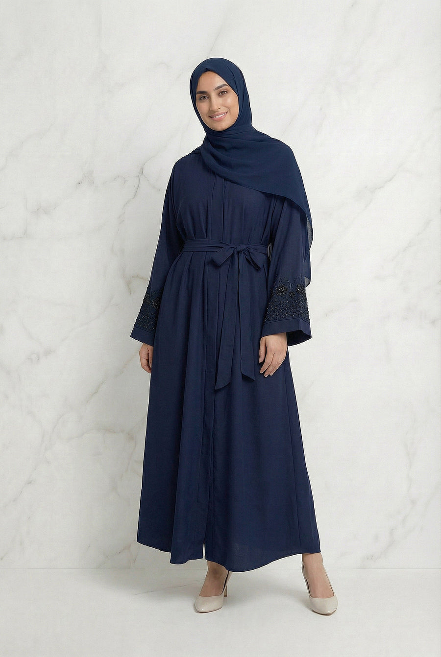 Embellished Sleeved Belted Abaya Navy Blue 613 Col 19