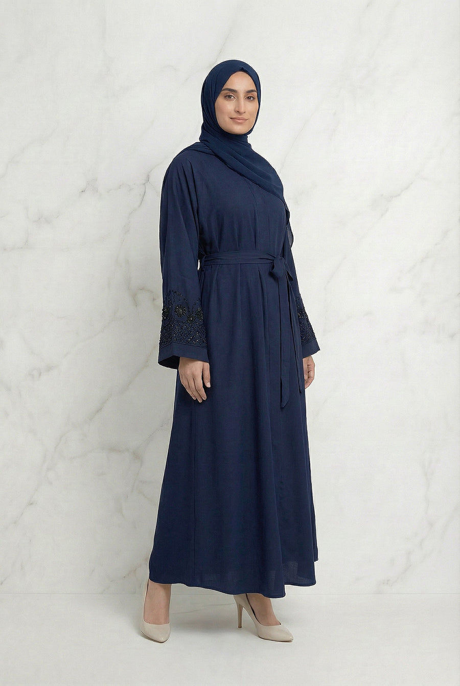 Embellished Sleeved Belted Abaya Navy Blue 613 Col 19