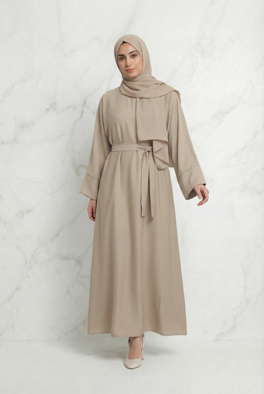 Satin Belted Abaya Beige 622 Col 19