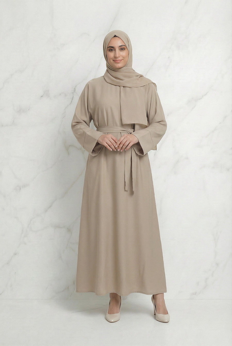 Satin Belted Abaya Beige 622 Col 19