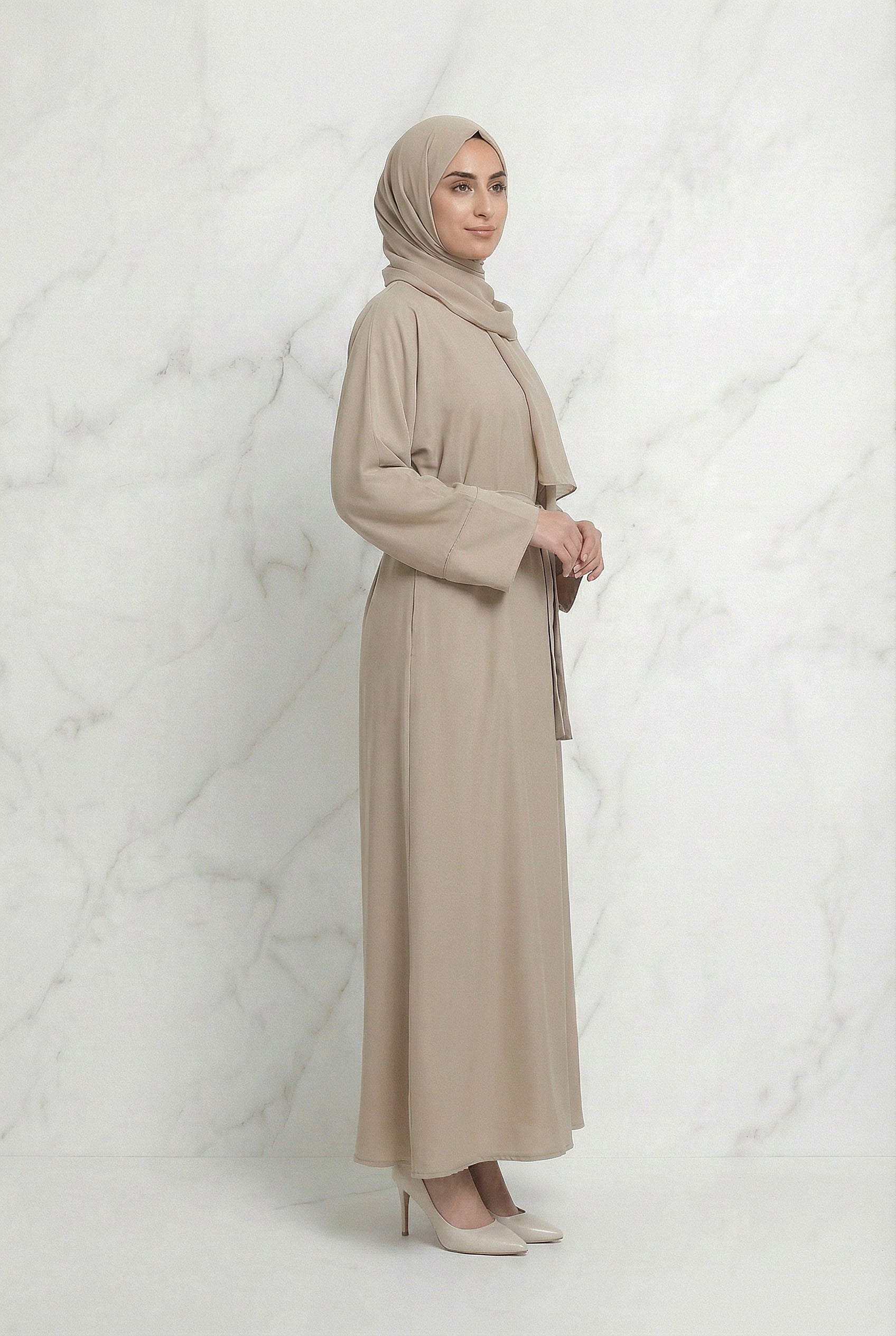 Satin Belted Abaya Beige 622 Col 19