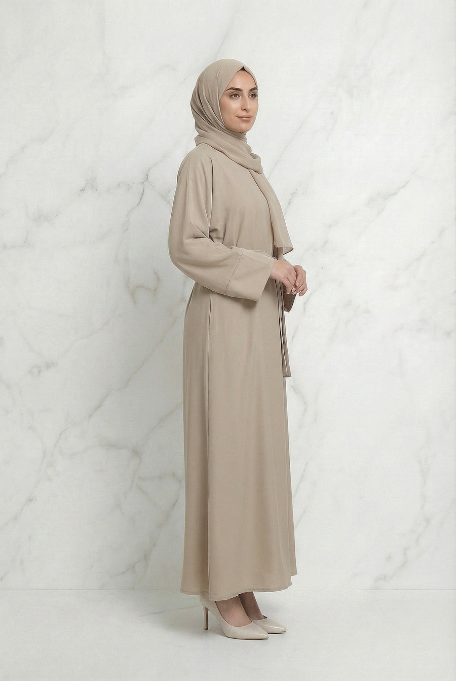 Satin Belted Abaya Beige 622 Col 19