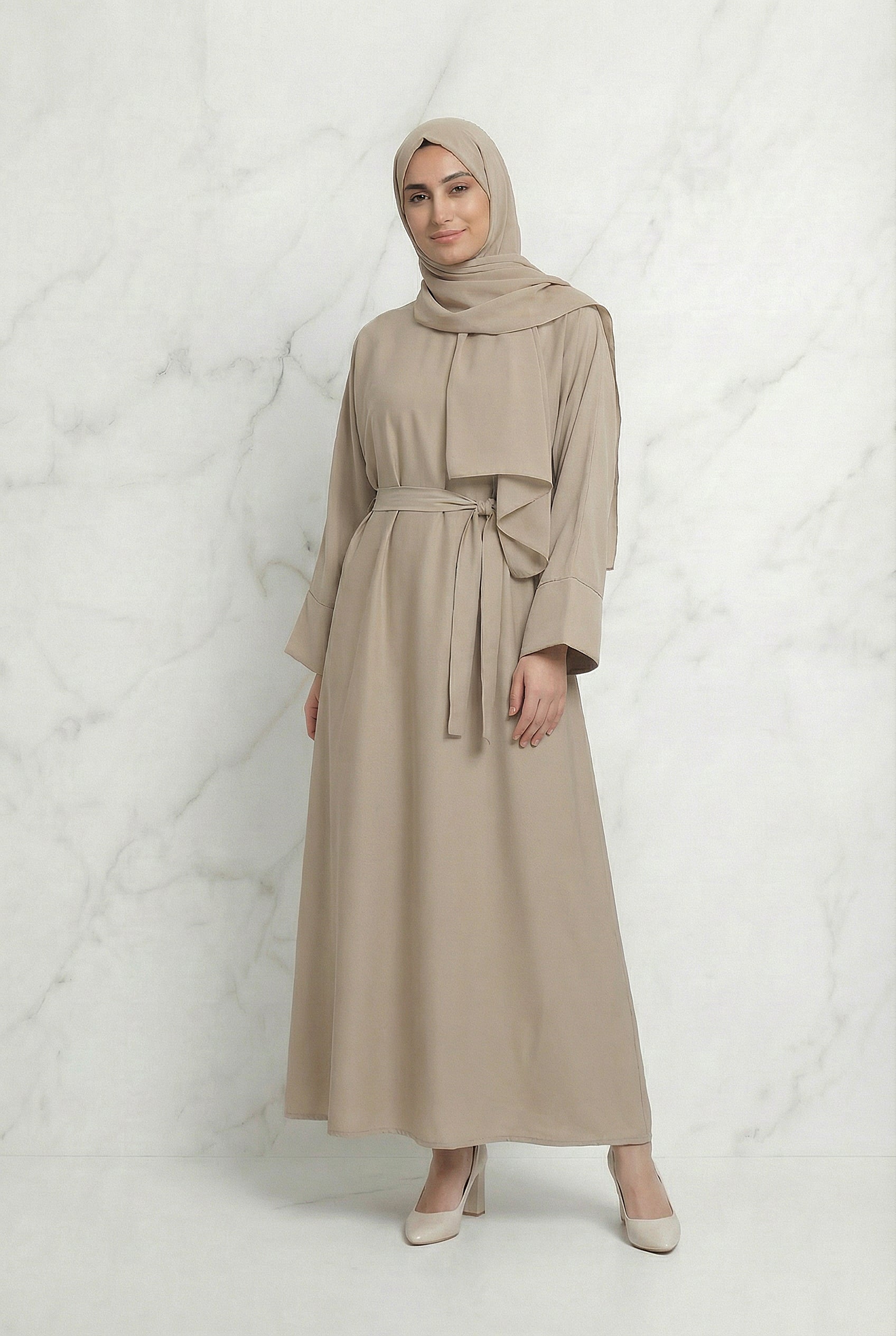 Satin Belted Abaya Beige 622 Col 19