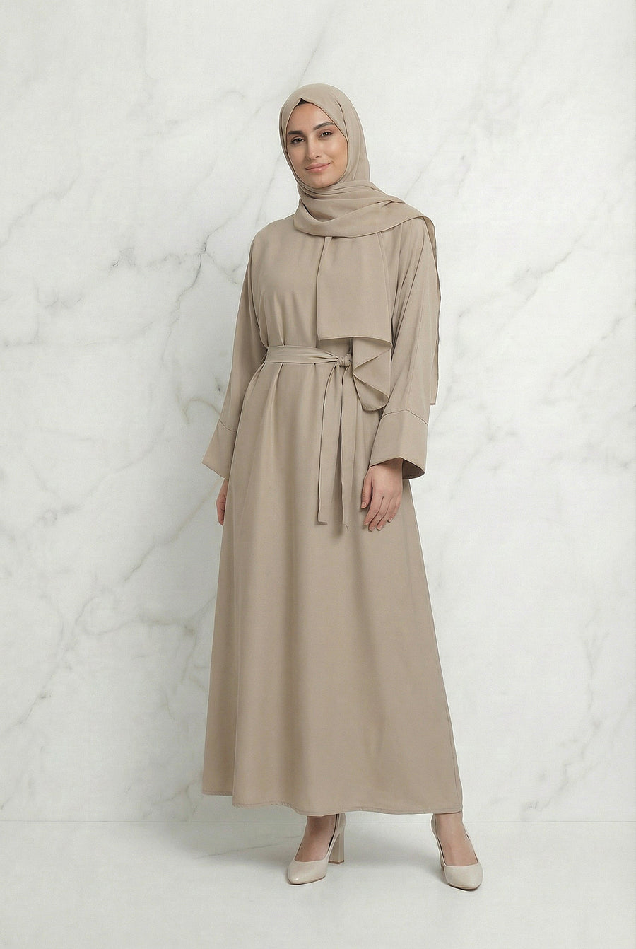 Satin Belted Abaya Beige 622 Col 19