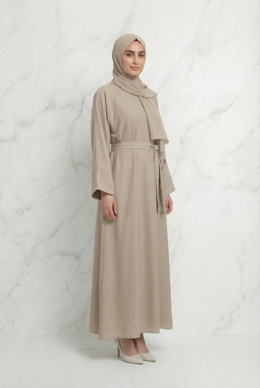 Satin Belted Abaya Beige 622 Col 19