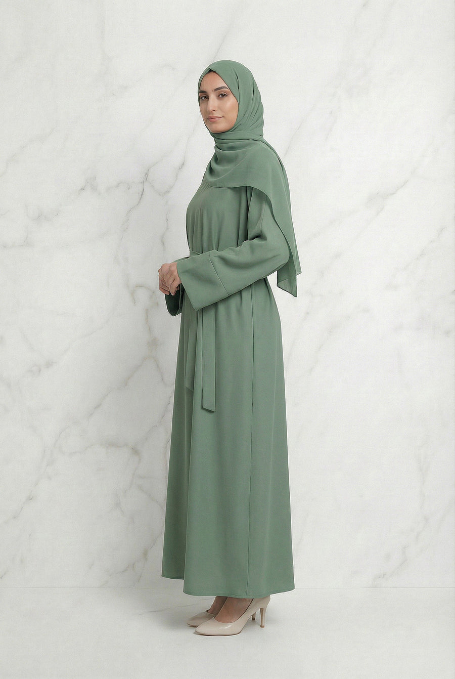 Satin Belted Abaya Mint 622 Col 2