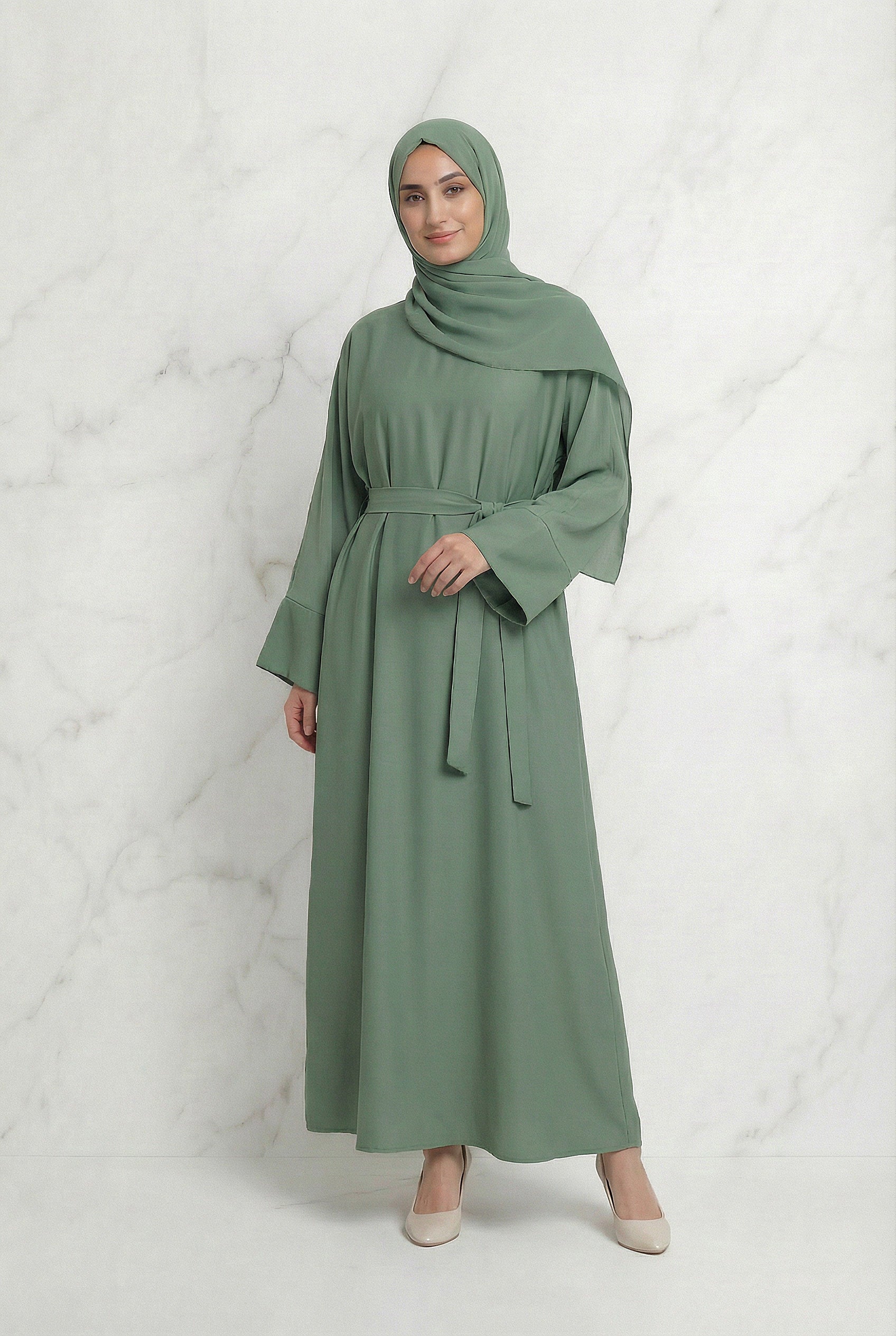 Satin Belted Abaya Mint 622 Col 2