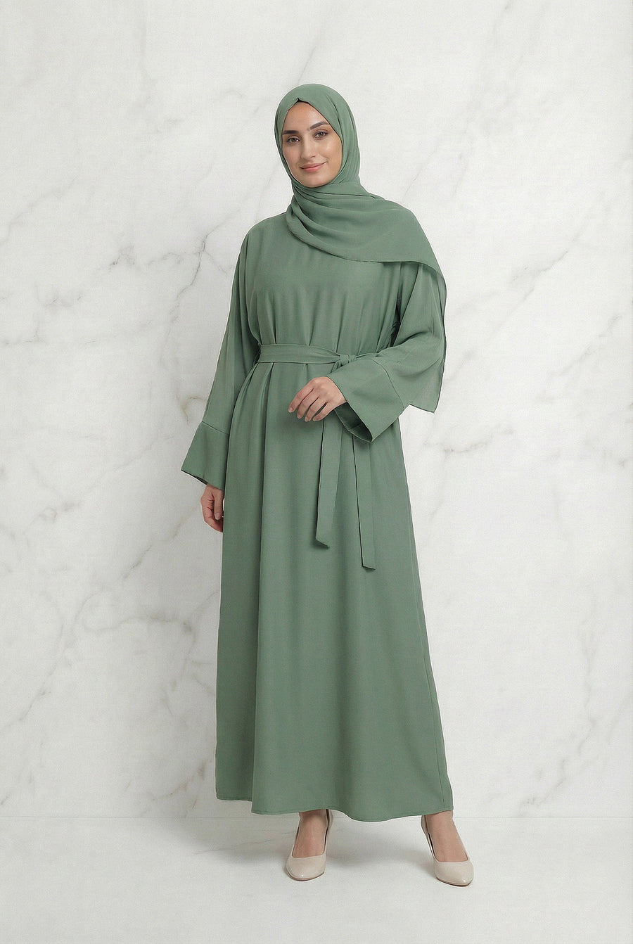 Satin Belted Abaya Mint 622 Col 2