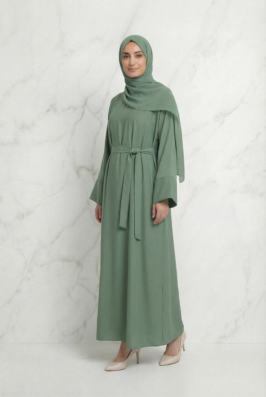 Satin Belted Abaya Mint 622 Col 2