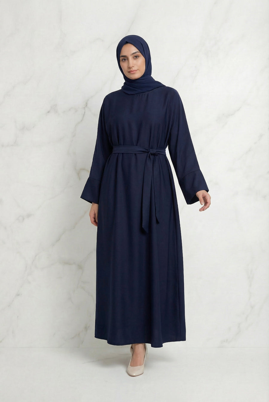 Satin Belted Abaya Dark Navy 622 Col 21