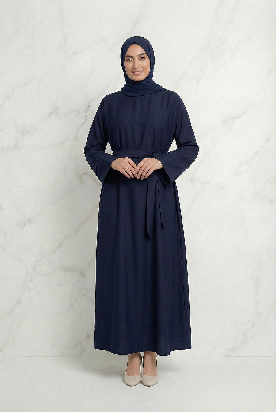 Satin Belted Abaya Dark Navy 622 Col 21