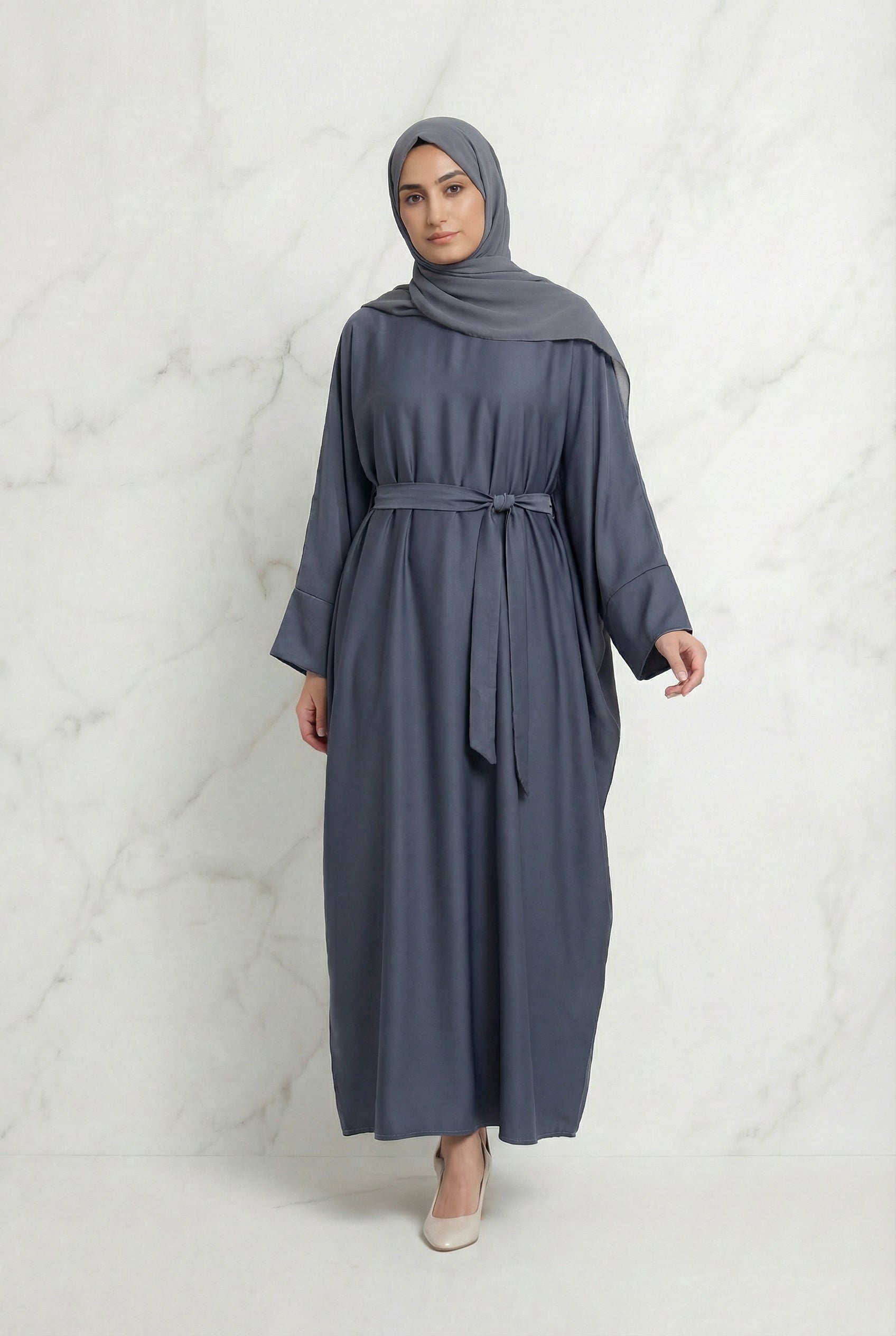 Satin Belted Abaya Dark Grey 622 Col 27