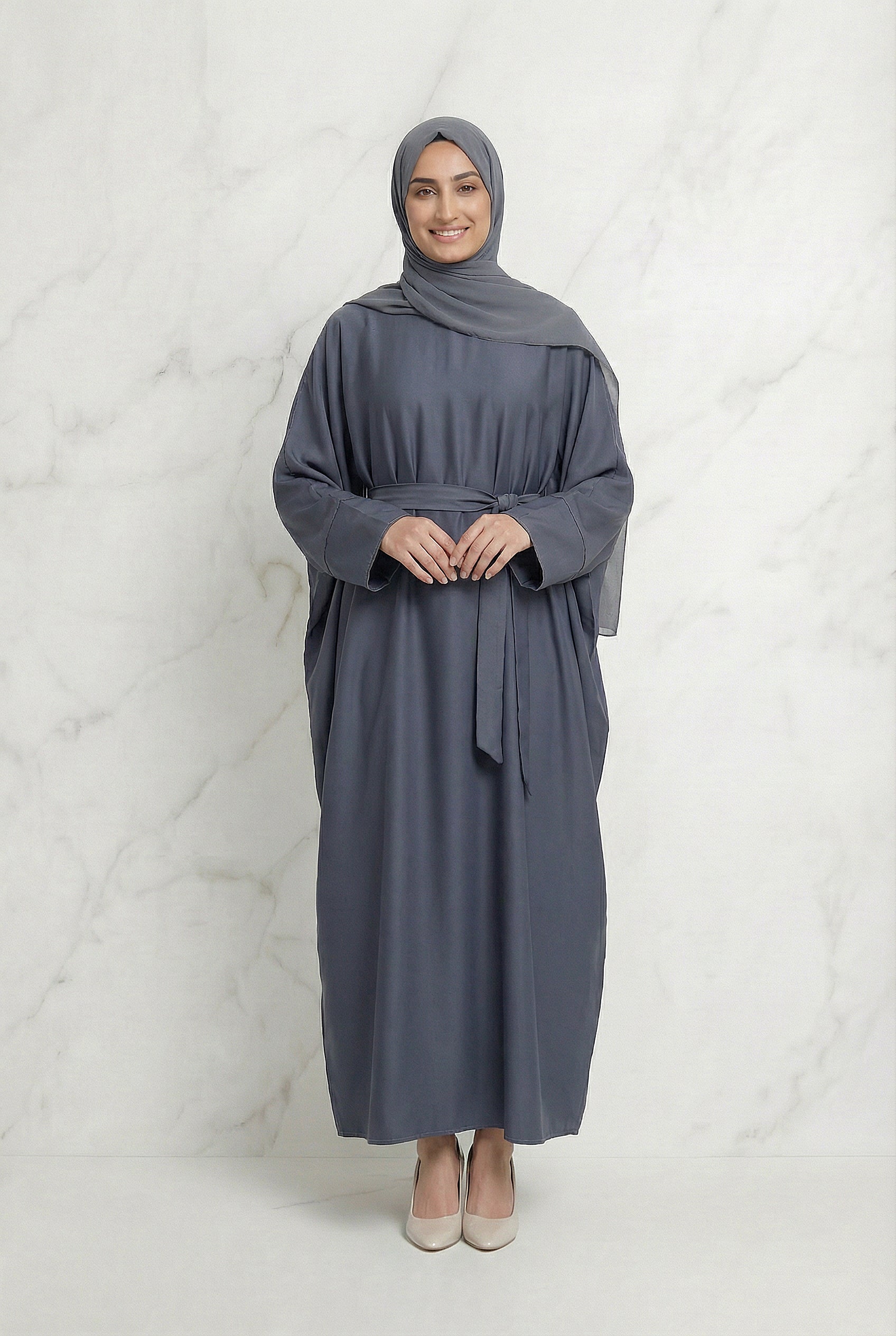 Satin Belted Abaya Dark Grey 622 Col 27