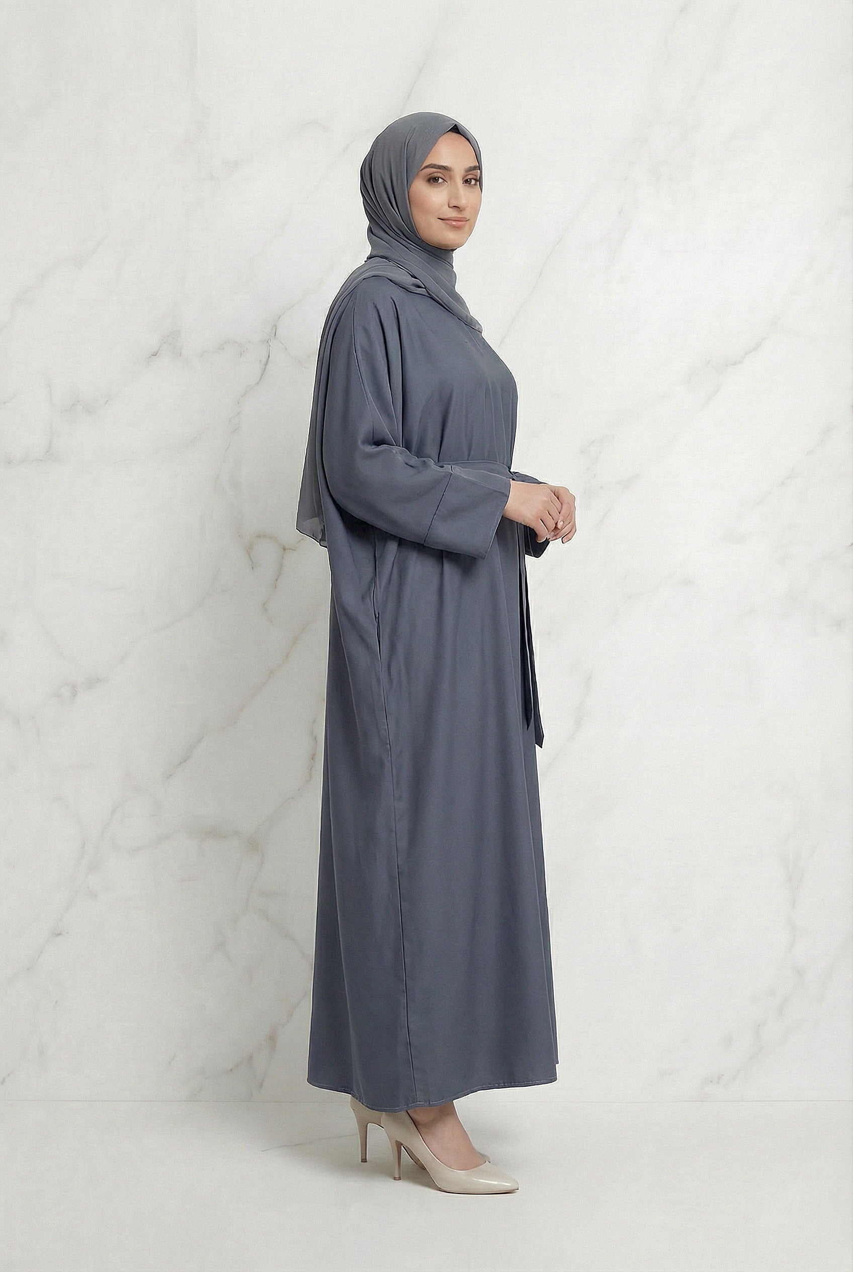 Satin Belted Abaya Dark Grey 622 Col 27