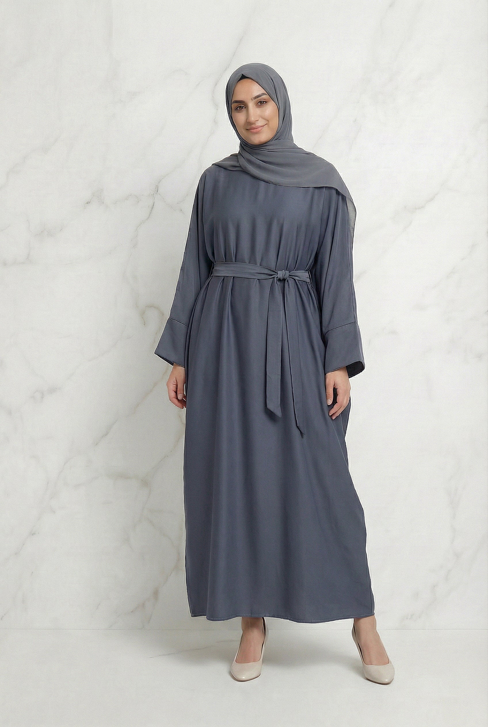Satin Belted Abaya Dark Grey 622 Col 27