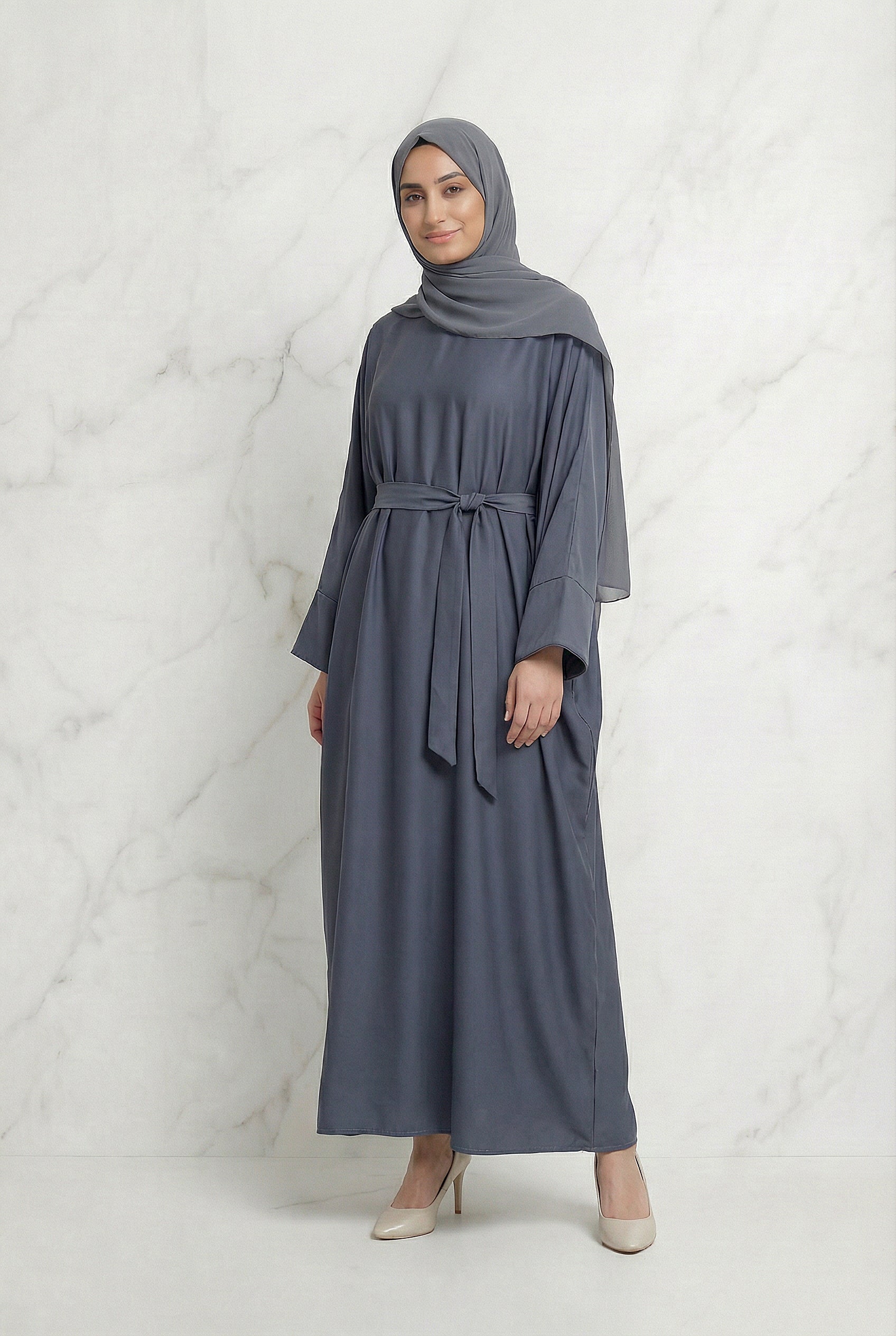 Satin Belted Abaya Dark Grey 622 Col 27