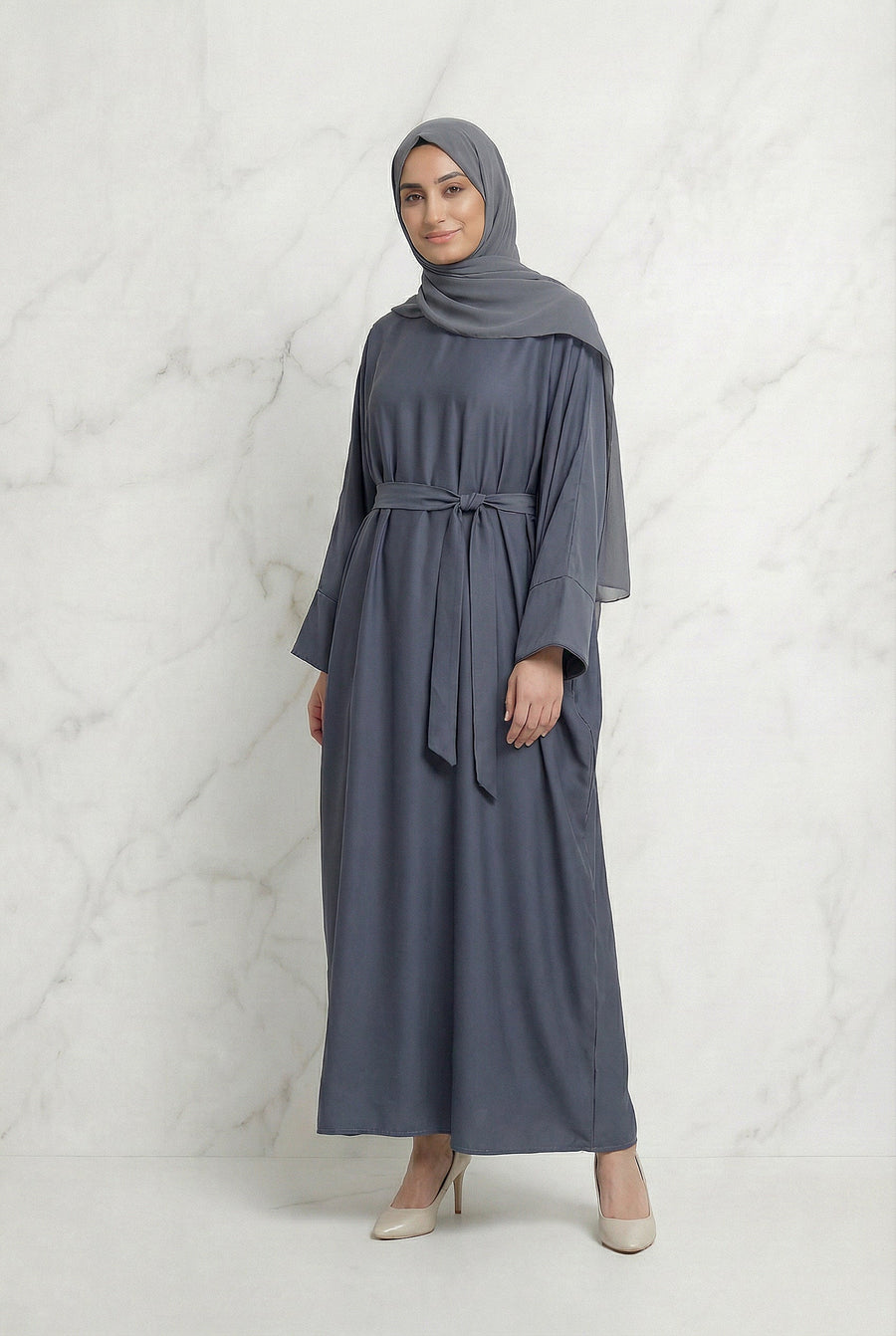 Satin Belted Abaya Dark Grey 622 Col 27
