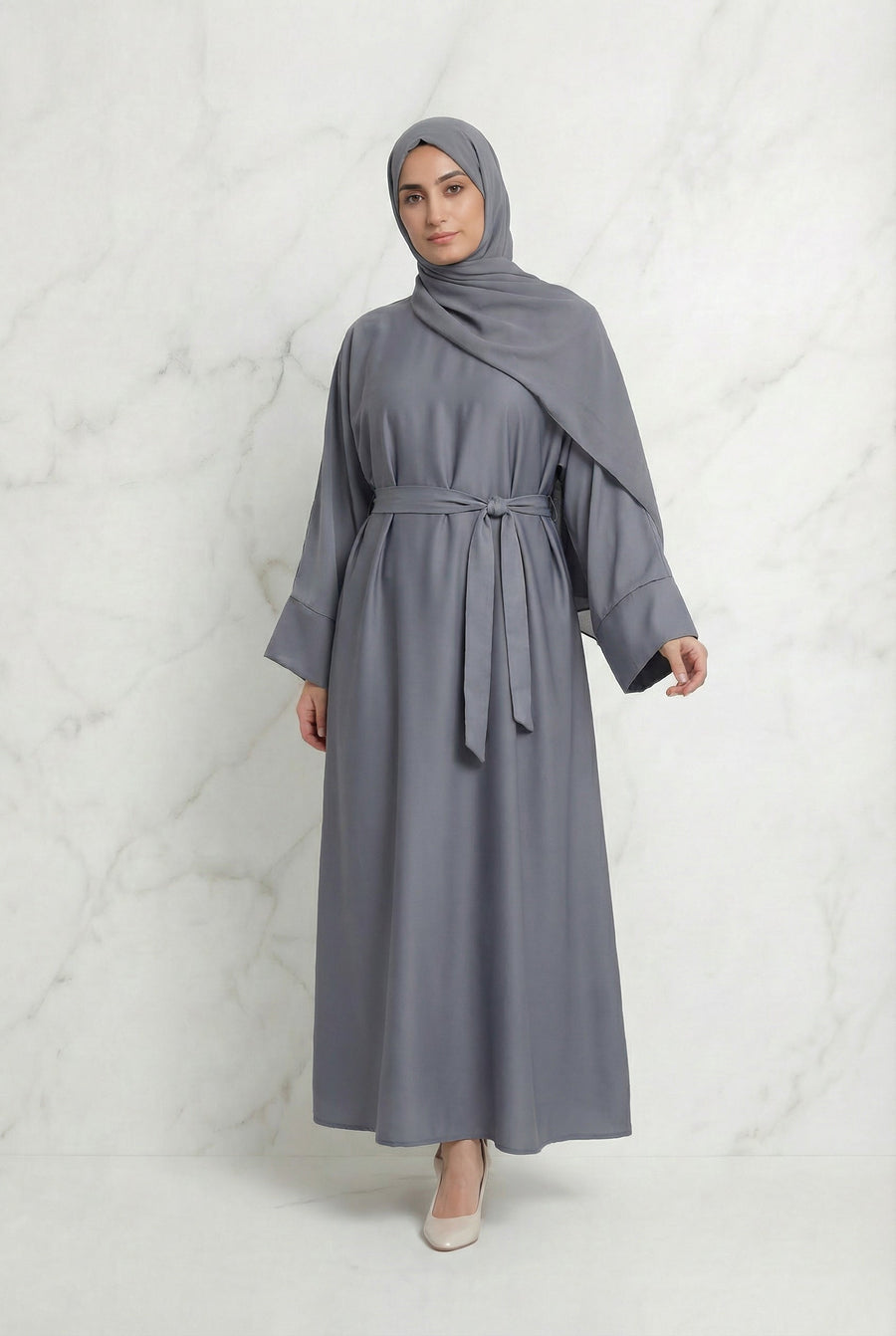 Satin Belted Abaya Grey 622 Col 3