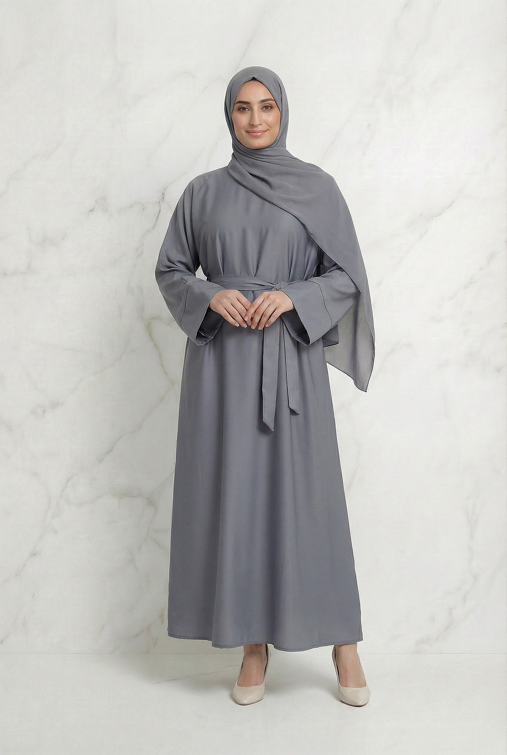 Satin Belted Abaya Grey 622 Col 3