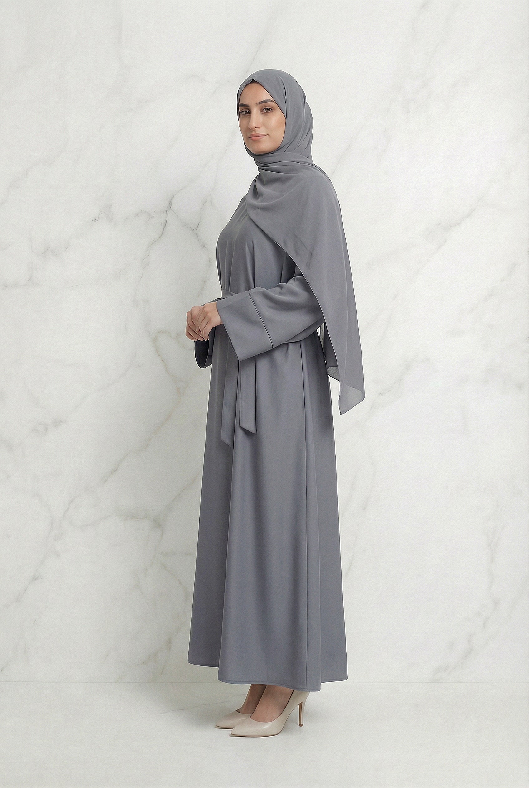 Satin Belted Abaya Grey 622 Col 3