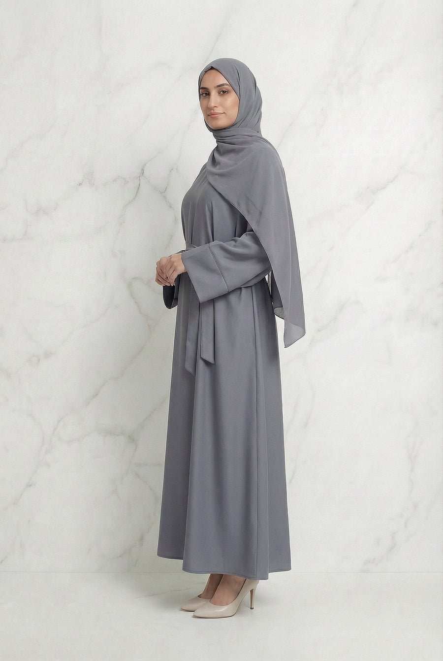 Satin Belted Abaya Grey 622 Col 3