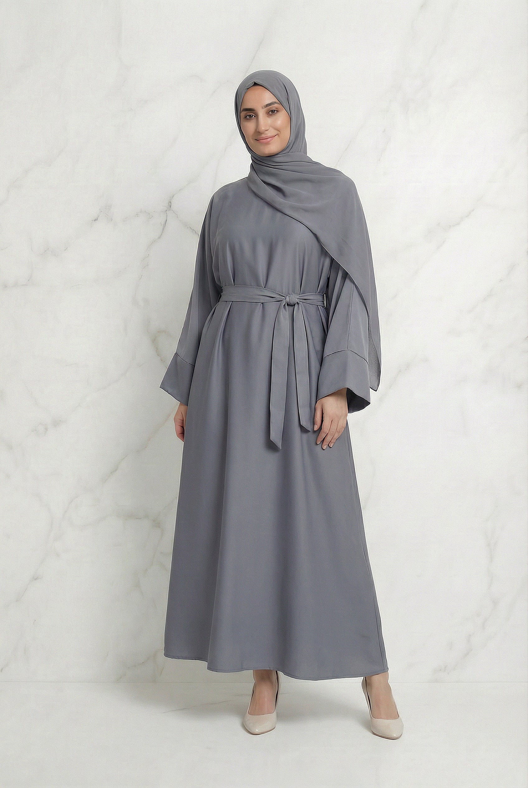 Satin Belted Abaya Grey 622 Col 3