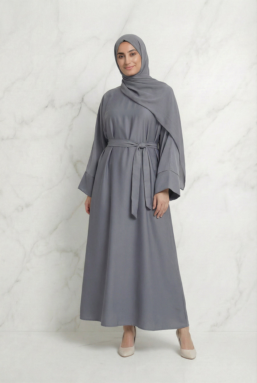Satin Belted Abaya Grey 622 Col 3