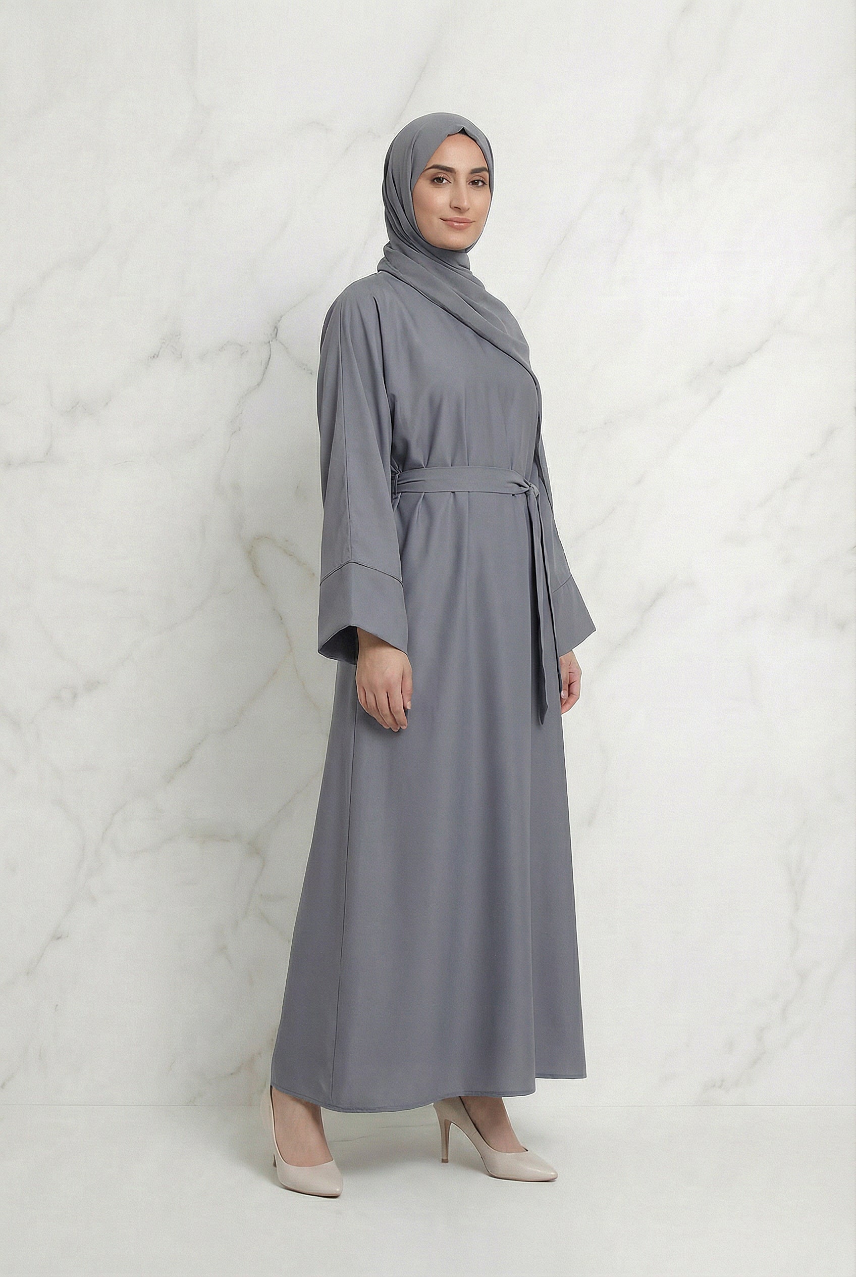 Satin Belted Abaya Grey 622 Col 3