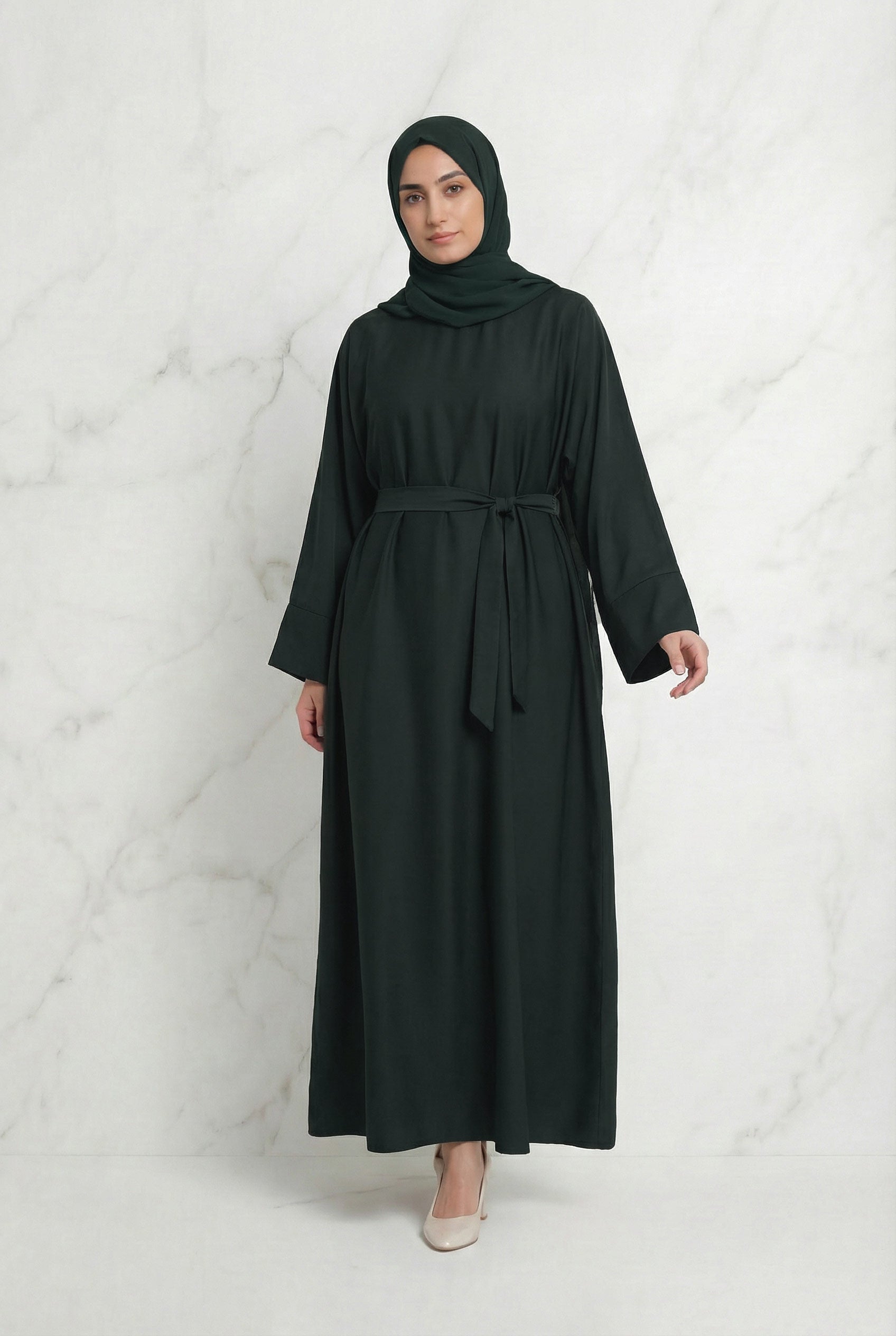 Satin Belted Abaya Dark Green 622 Col 31