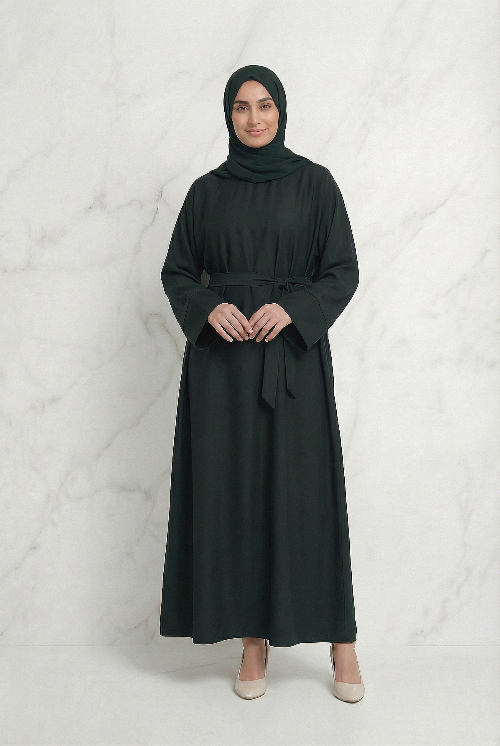 Satin Belted Abaya Dark Green 622 Col 31