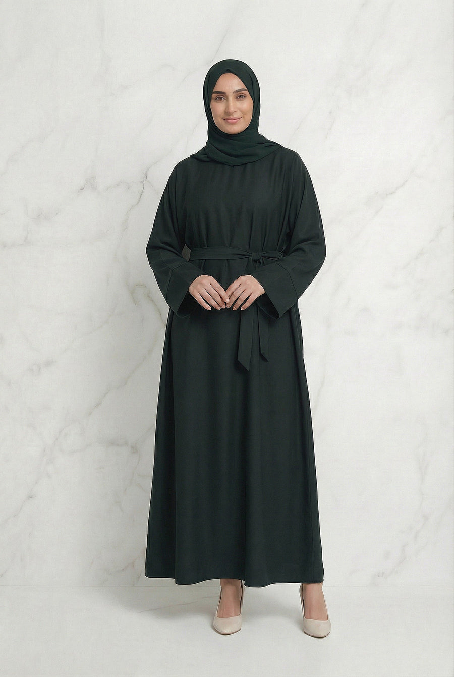 Satin Belted Abaya Dark Green 622 Col 31