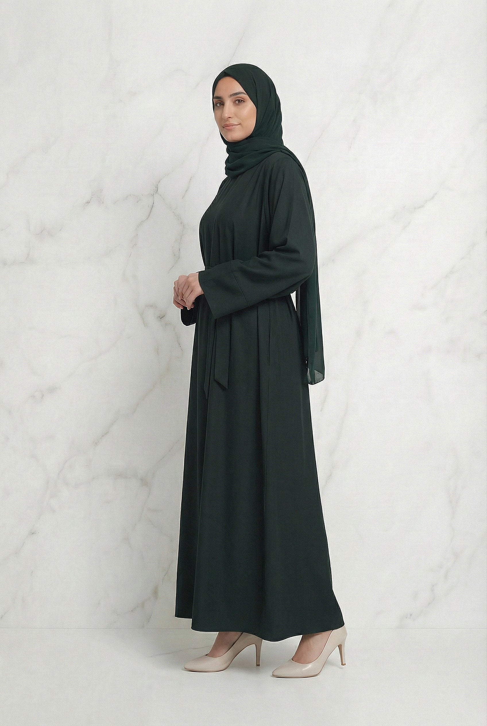 Satin Belted Abaya Dark Green 622 Col 31