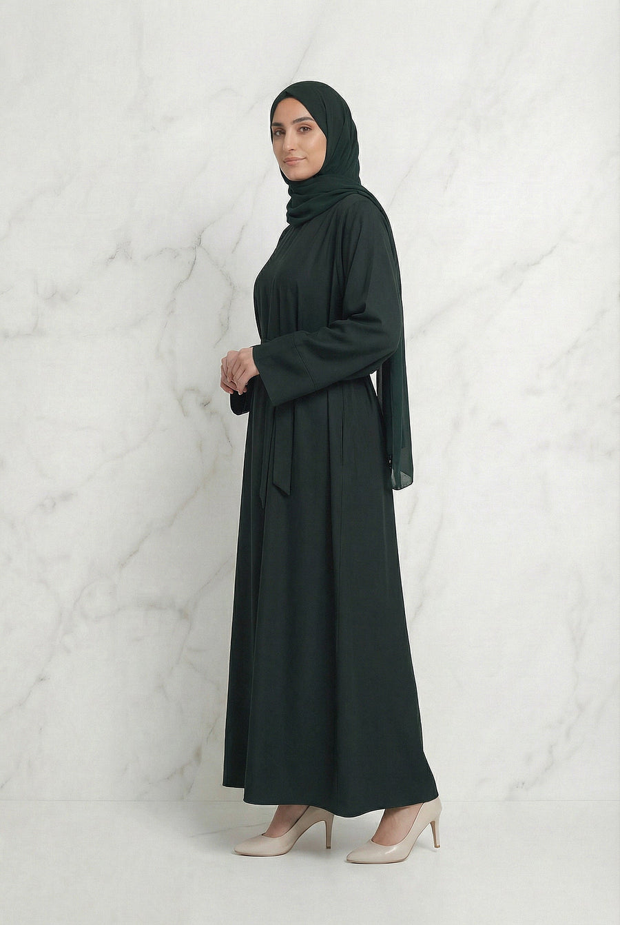 Satin Belted Abaya Dark Green 622 Col 31