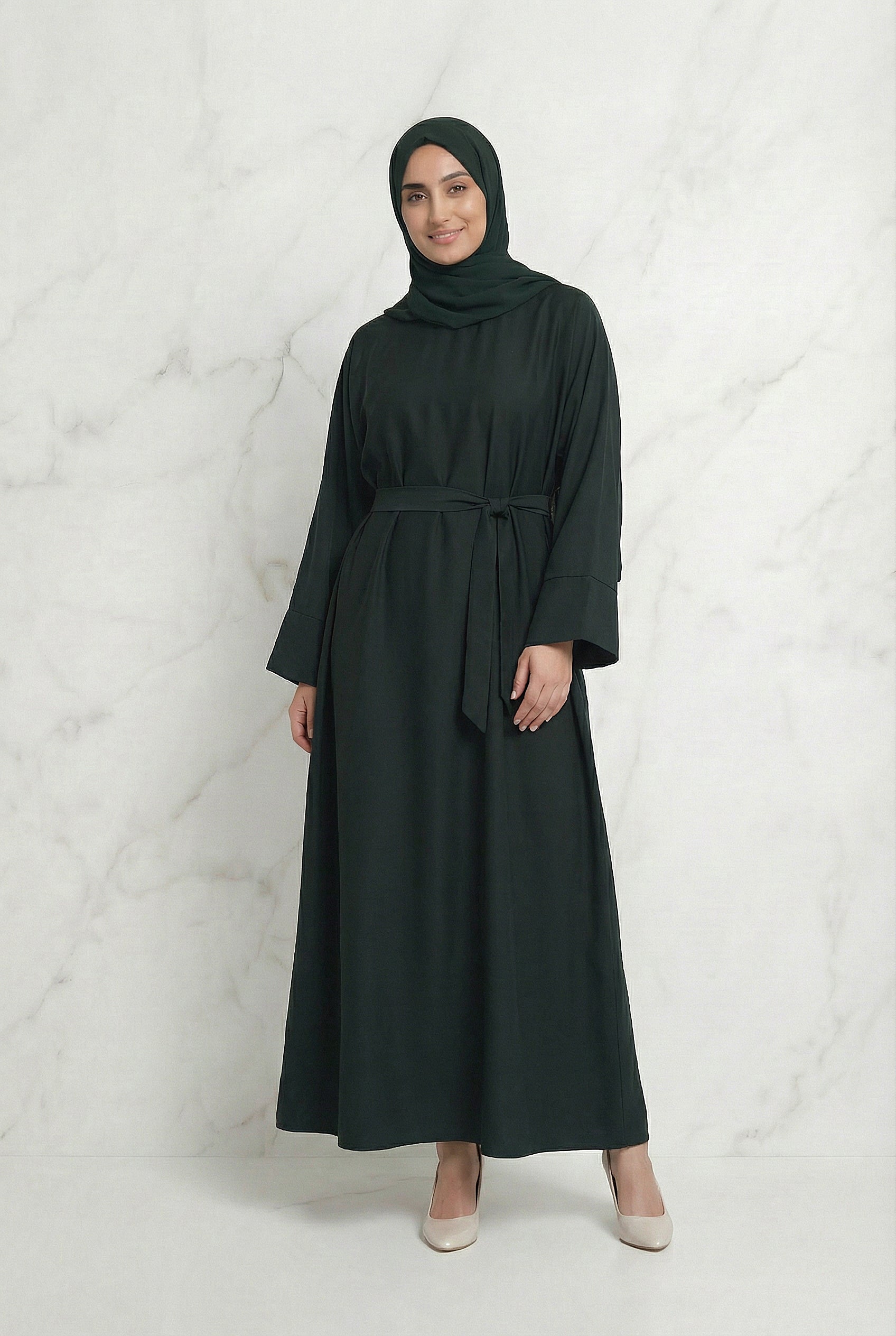 Satin Belted Abaya Dark Green 622 Col 31