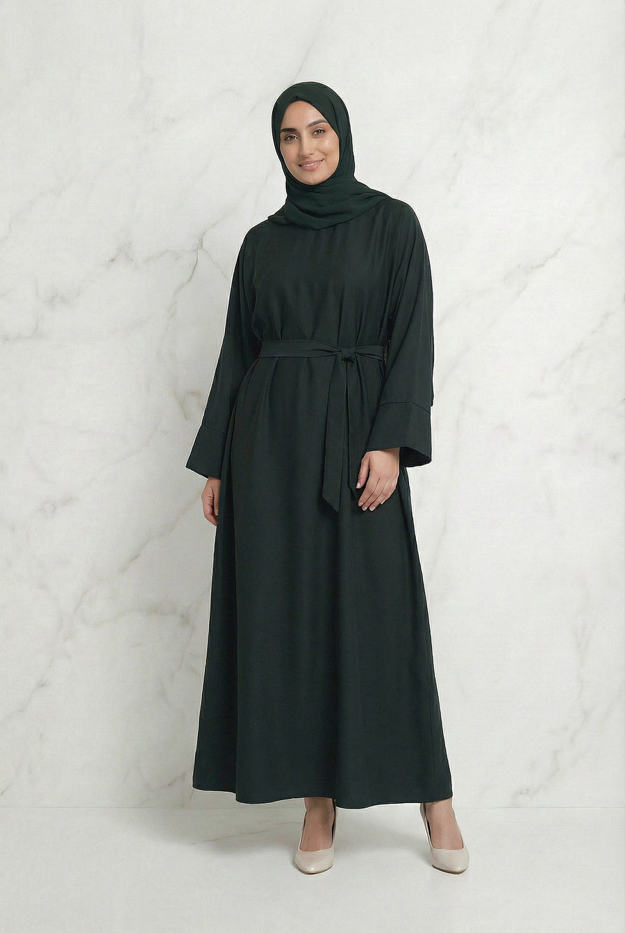 Satin Belted Abaya Dark Green 622 Col 31