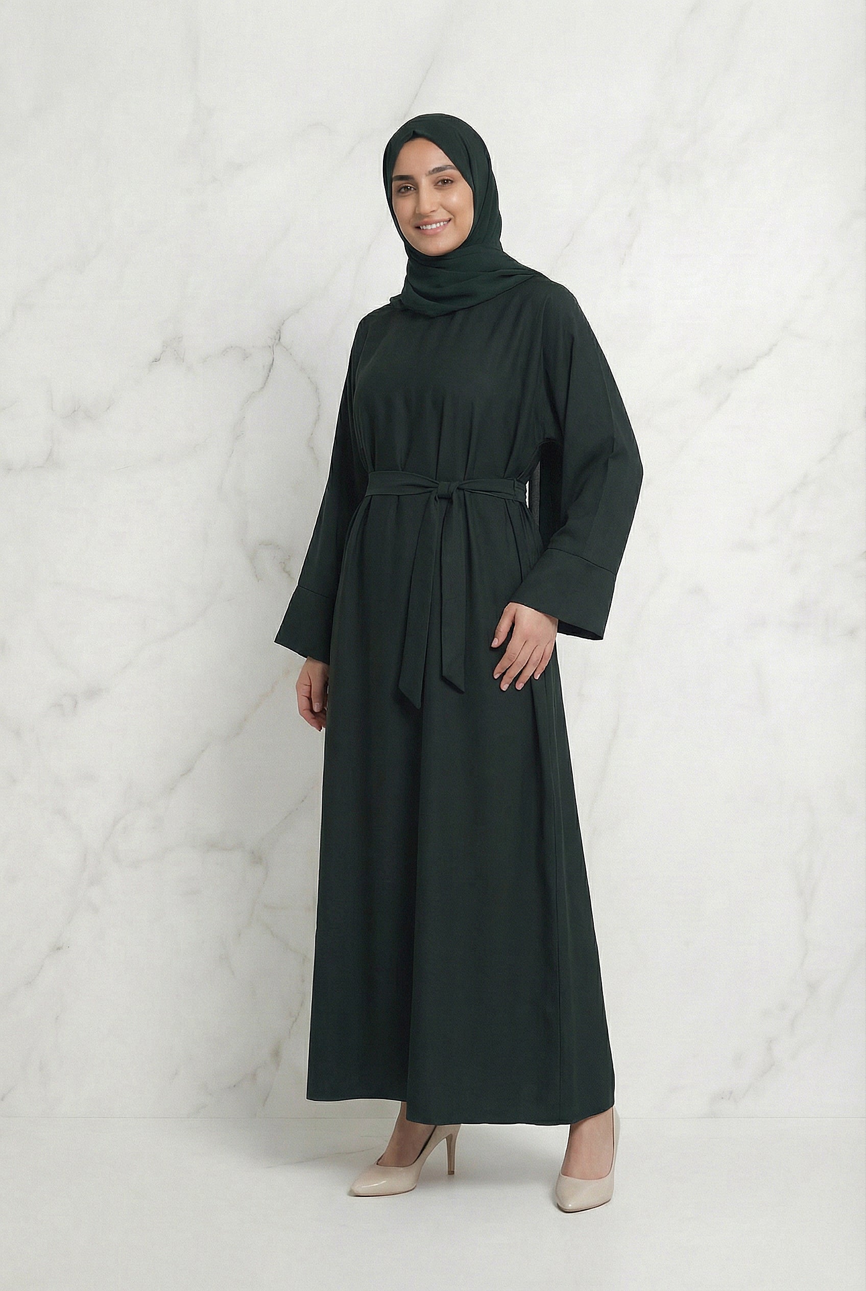 Satin Belted Abaya Dark Green 622 Col 31