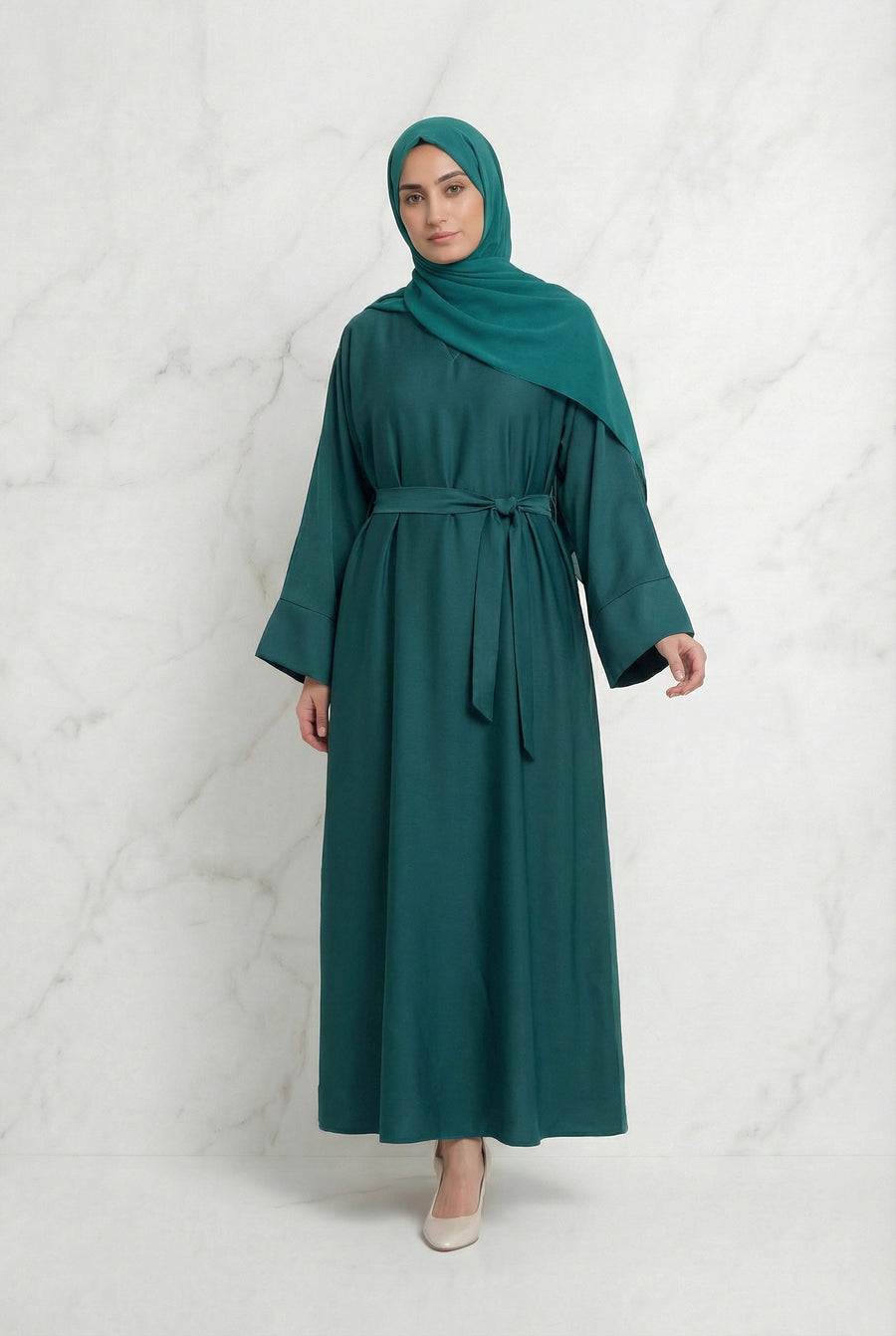 Satin Belted Abaya Teal Green 622 Col 37
