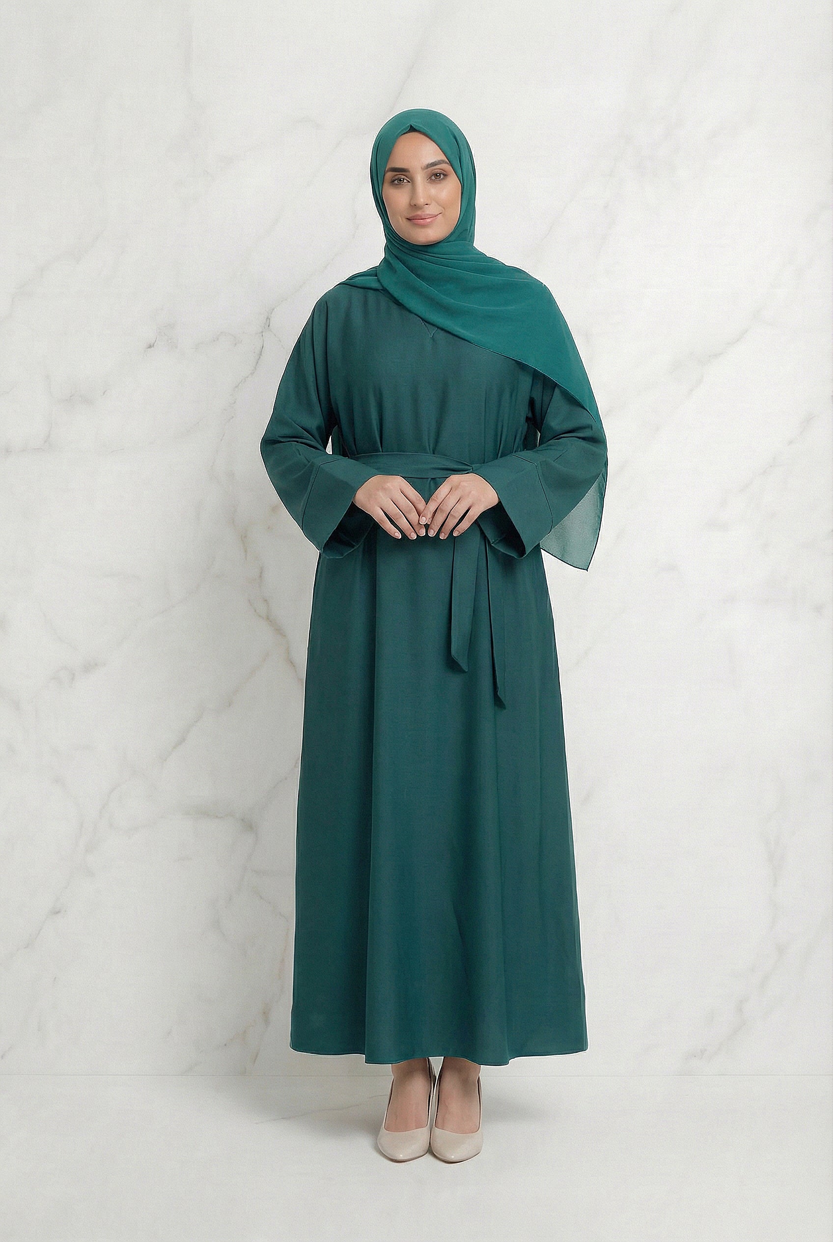Satin Belted Abaya Teal Green 622 Col 37