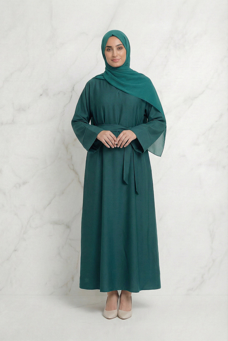 Satin Belted Abaya Teal Green 622 Col 37
