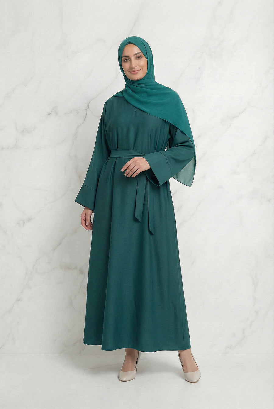 Satin Belted Abaya Teal Green 622 Col 37