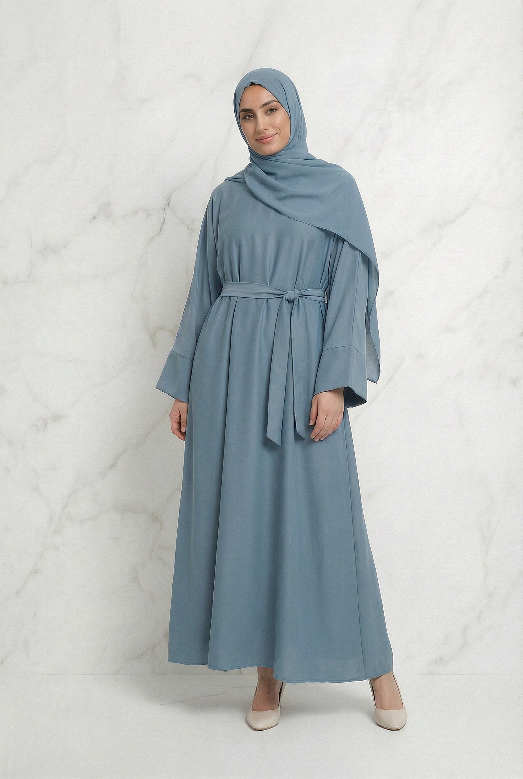 Satin Belted Abaya Sky Blue 622 Col 38