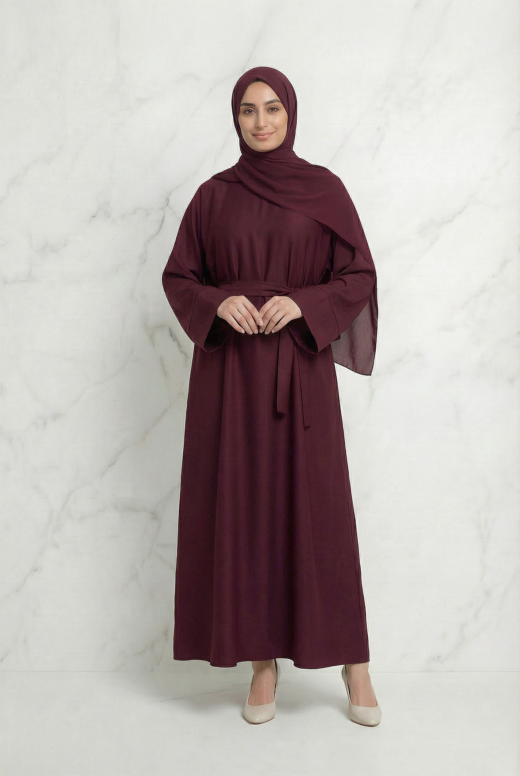 Satin Belted Abaya Burgundy 622 Col 9