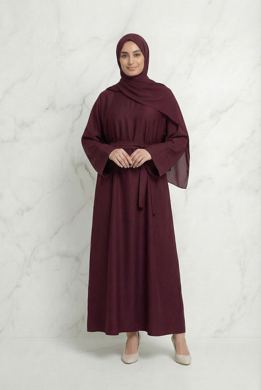 Satin Belted Abaya Burgundy 622 Col 9