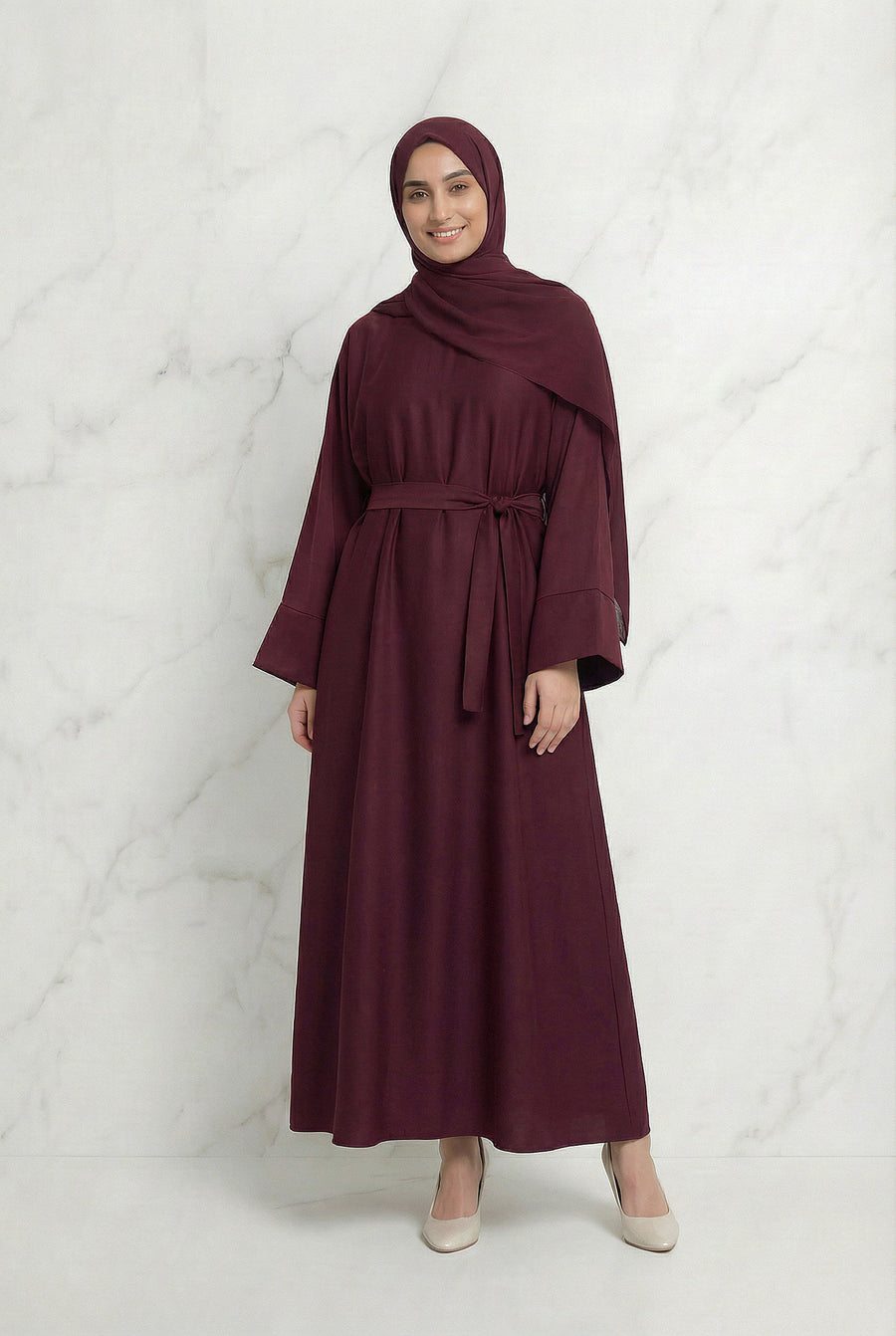 Satin Belted Abaya Burgundy 622 Col 9