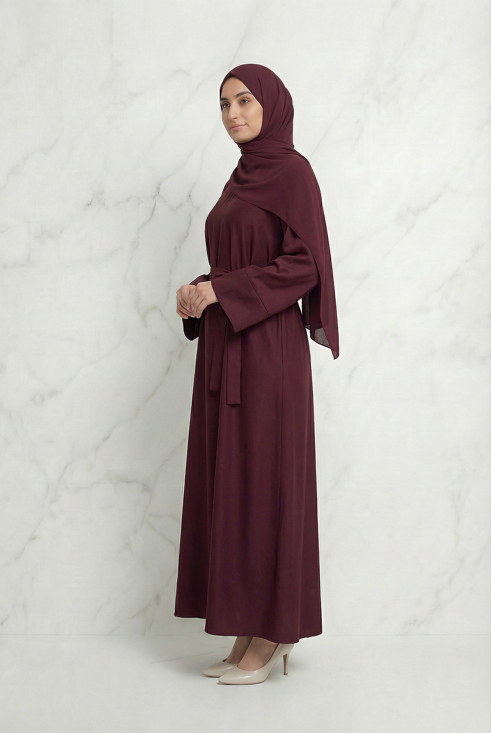 Satin Belted Abaya Burgundy 622 Col 9